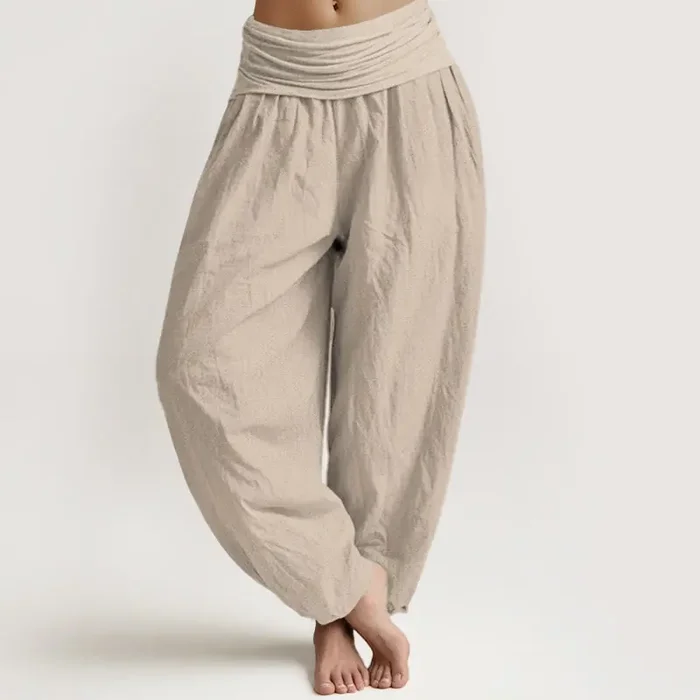 Buddha Stones Solid Tan Color Women‘s Elastic Waist Harem Pure Cotton Pants