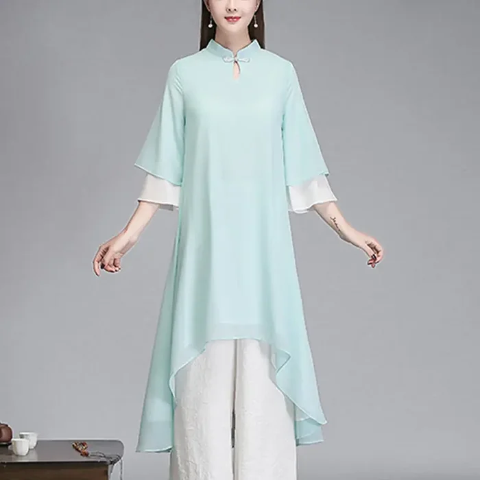 Buddha Stones Solid Women‘s Three Quarter Sleeve Chiffon Irregular Shirt Dress Wide Leg Pants Meditation Clothing