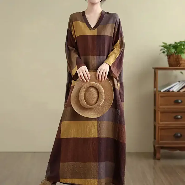 Buddha Stones Spliced Plaid Pattern Cotton Linen Women‘s Maxi Dress With Pockets