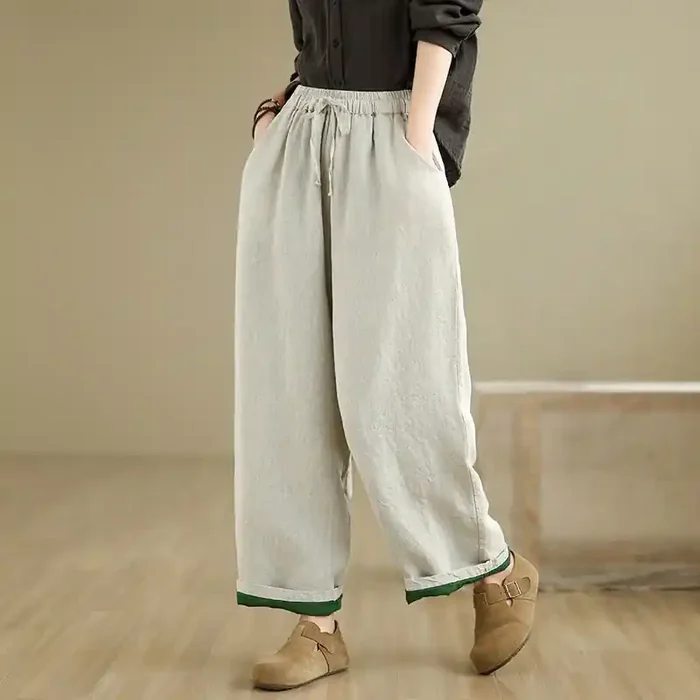Buddha Stones Spring Casual Simple Design Drawstring Cotton Linen Women‘s Wide Leg Pants With Pockets