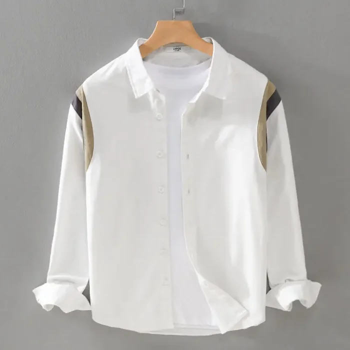 Buddha Stones Spring Color Contrast Patchwork Design Long Sleeve Men Cotton Shirt Clothing