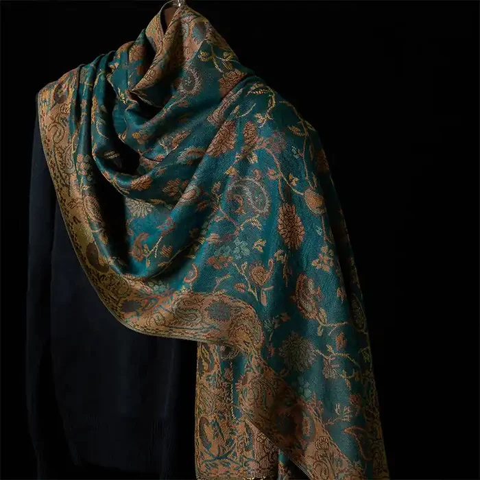 Buddha Stones Spring Dark Green Cashew Flower Floral Leaf Pattern Tassel Soft Scarf Shawl