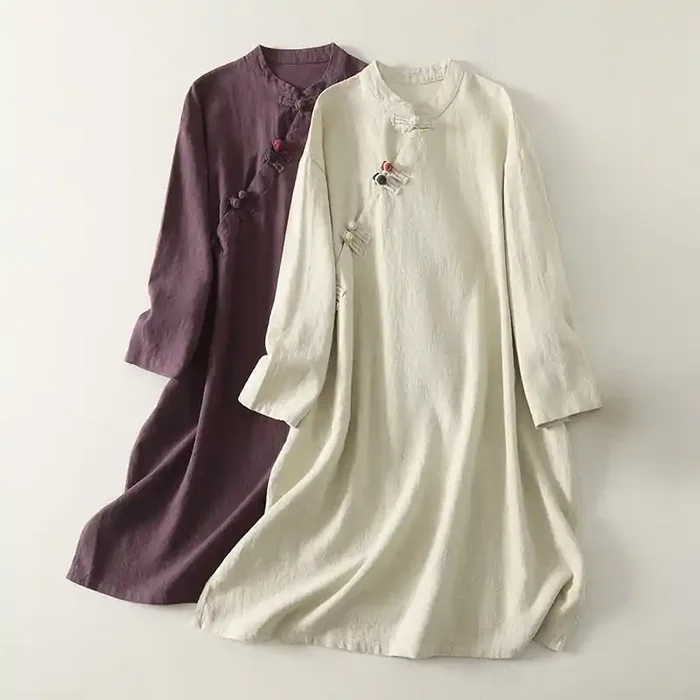 Buddha Stones Spring Diagonal Closure Frog Buttons Design Cotton Long Sleeve Midi Dress