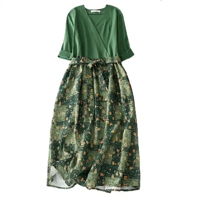 Buddha Stones Spring Flower Printed V-neck Half Sleeve Cotton Linen Midi Dress With Pockets