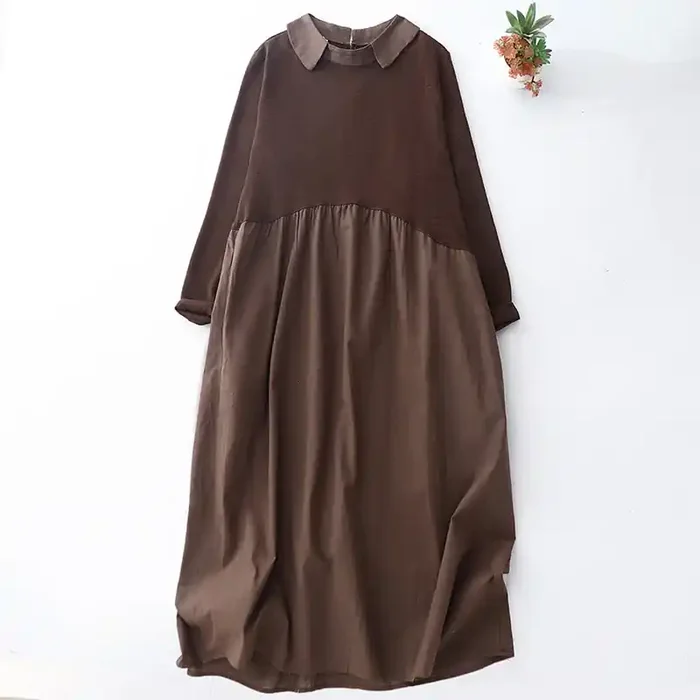 Buddha Stones Spring Plain Lapel Long Sleeve Cotton Linen Midi Dress With Pockets