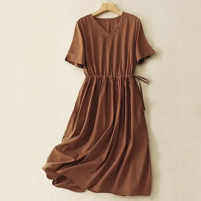 Buddha Stones Spring Plain V-neck Design Half Sleeve Cotton Linen Midi Dress With Pockets