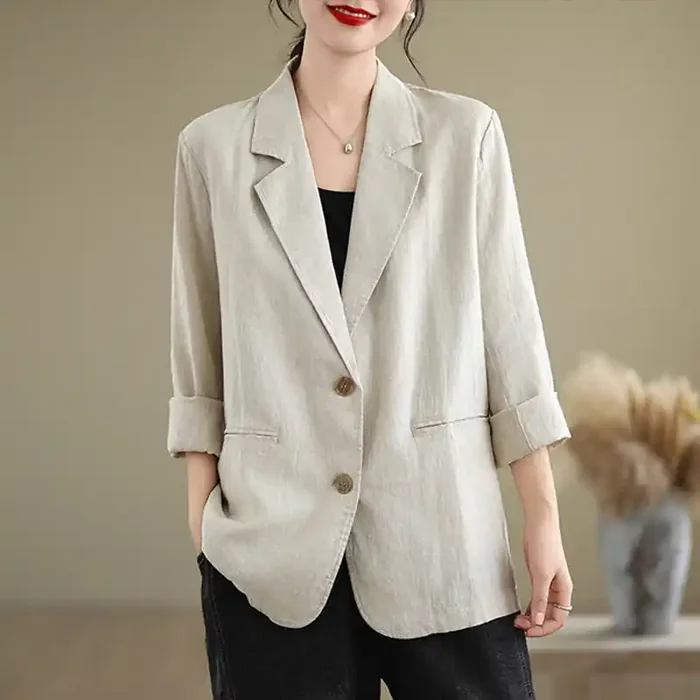 Buddha Stones Spring Solid Color Long Sleeve Cotton Linen Women‘s Jacket With Pockets