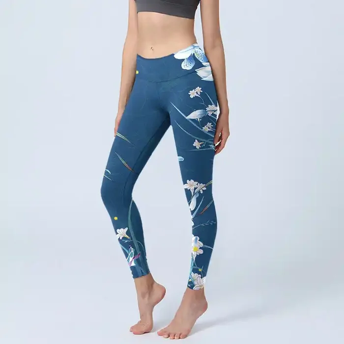Buddha Stones SteelBlue Small White Flowers Butterfly Exercise Leggings Women‘s Yoga Pants
