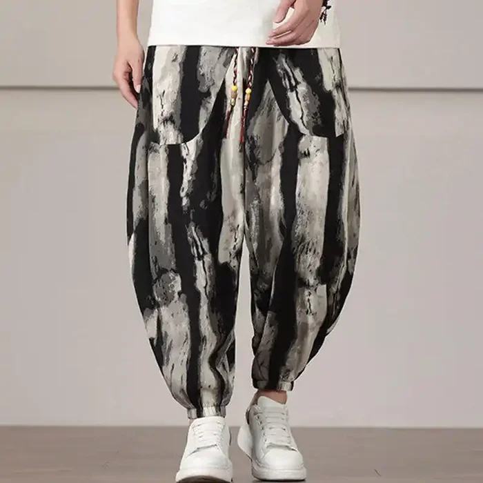 Buddha Stones Stripe Pattern Drawstring Men‘s Harem Pants With Pockets