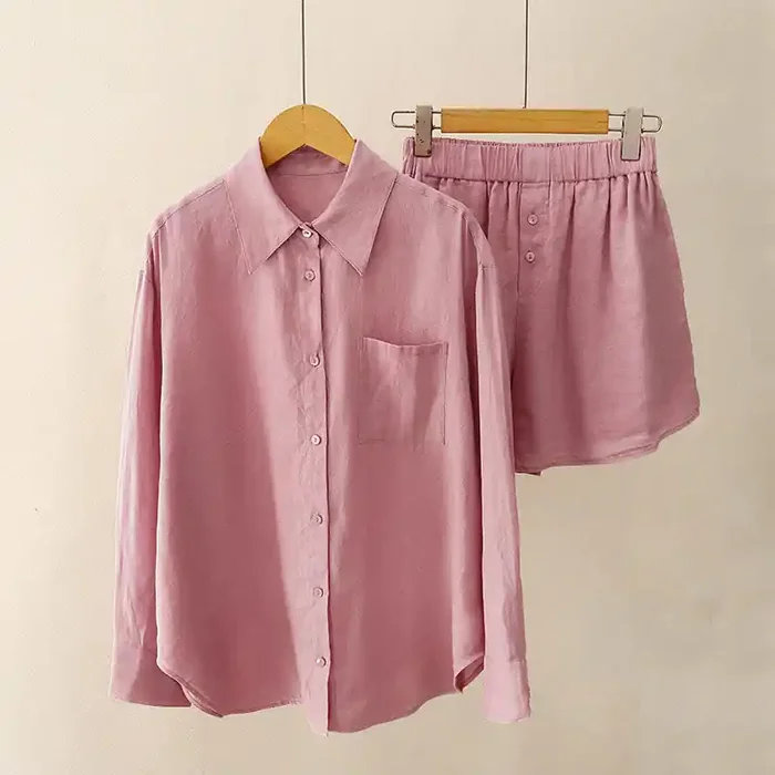 Buddha Stones Summer 2pcs Plain Long Sleeve Shirt Top Cardigan Shorts Meditation Clothing Women‘s Set With Pockets