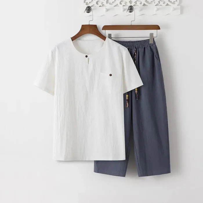 Buddha Stones Summer 2Pcs Plain Short Sleeve T-Shirt 7-8 Length Pants Cotton Linen Tang Suit Men‘s Meditation Cloth Set With Pockets
