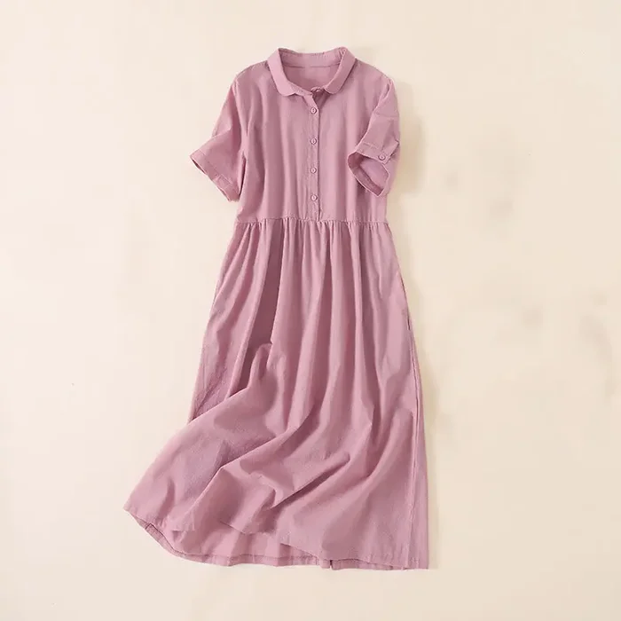 Buddha Stones Summer Buttons Design Short Sleeve Cotton Linen Midi Dress With Pockets
