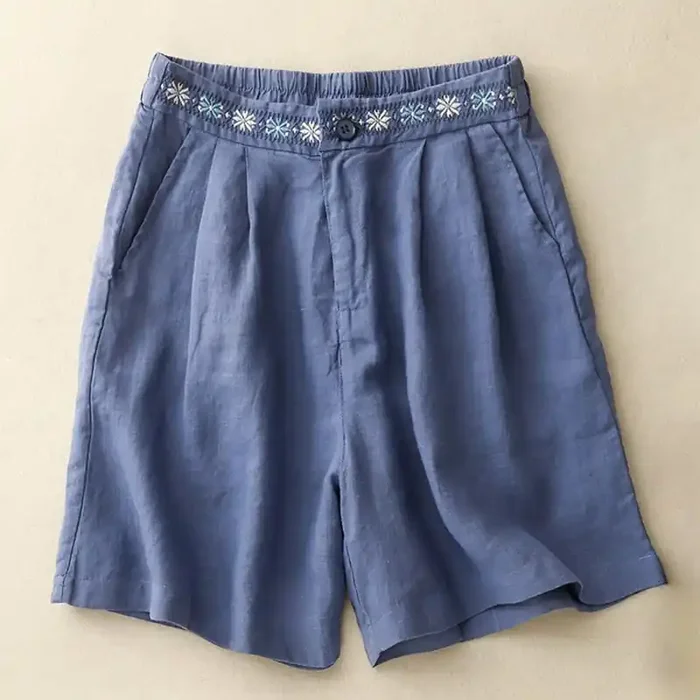 Buddha Stones Summer Casual Embroidery Flower Pleated Zipper Button Cotton Linen Women‘s Shorts With Pockets