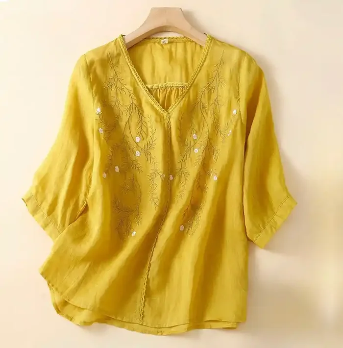 Buddha Stones Summer Casual Flower Branches Embroidered Pattern V-Neck Half Sleeve Cotton Linen Women‘s T-shirt
