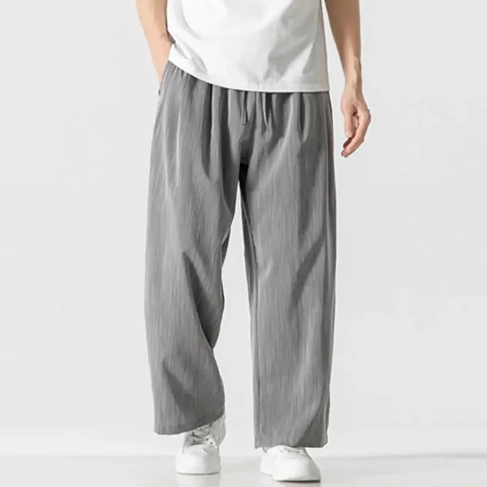 Buddha Stones Summer Casual Plain Straight Leg Design Men‘s Cotton Linen Drawstring Pants With Pockets