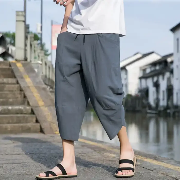 Buddha Stones Summer Casual Simple Plain Tapered Design Drawstring Men‘s 7-8 Length Cotton Linen Pants With Pockets