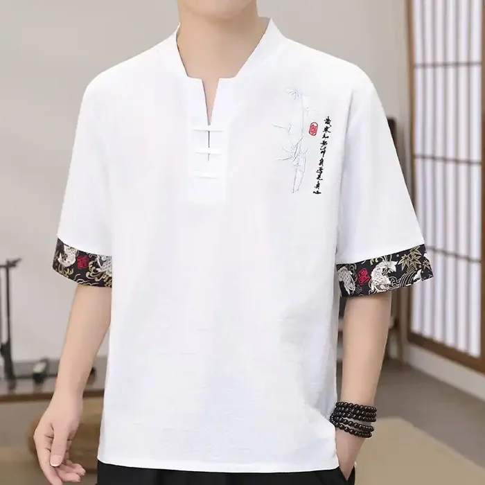 Buddha Stones Summer Embroidery Bamboo Pattern Patchwork Design Men‘s Half Sleeve Cotton Linen T-Shirt