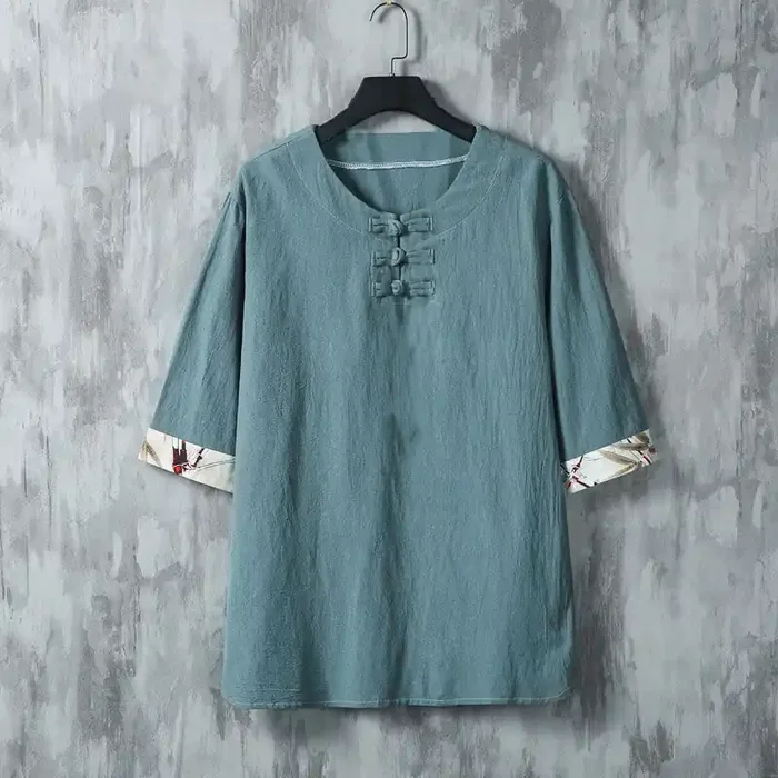 Buddha Stones Summer Frog-Button Yellow Bamboo Leaves Half Sleeve Men‘s Linen Shirt