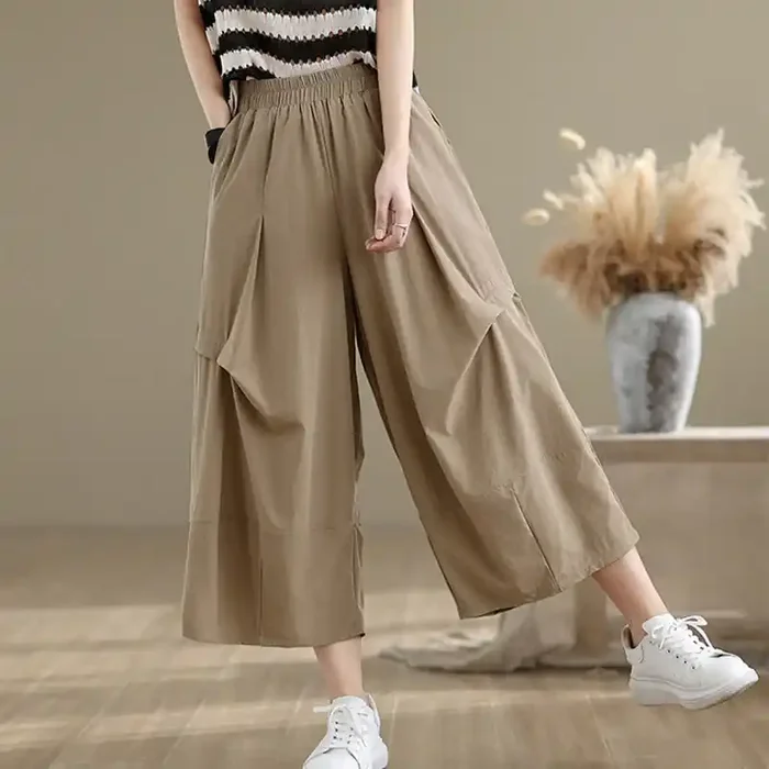 Buddha Stones Summer Irregular Pleating Design Cotton Women‘s Wide Leg Pants With Pockets