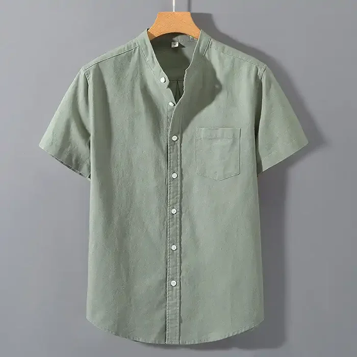 Buddha Stones Summer Men‘s Short Sleeve Button Down Cotton Linen Shirt