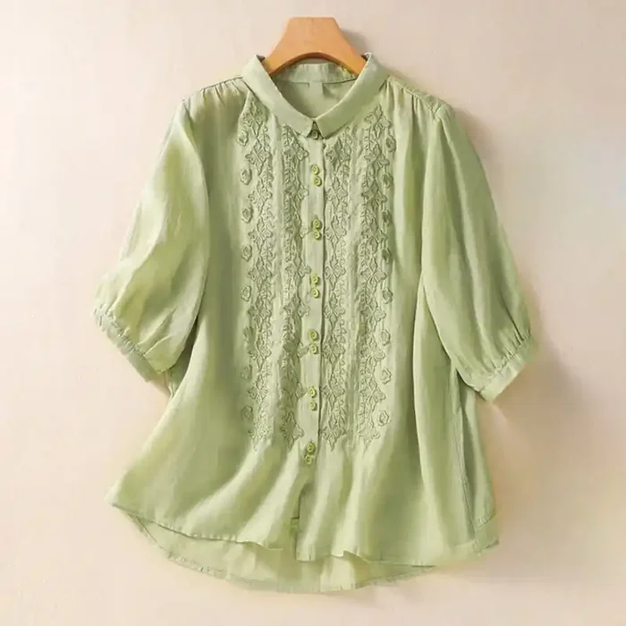 Buddha Stones Summer Plain Button Embroidery Flower Pattern Three Quarter Sleeve Lapel Cotton Linen Women‘s Shirt