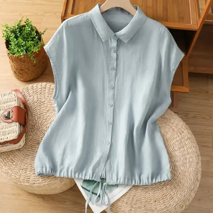 Buddha Stones Summer Plain Color Button Short Sleeve Women‘s Cotton Shirt
