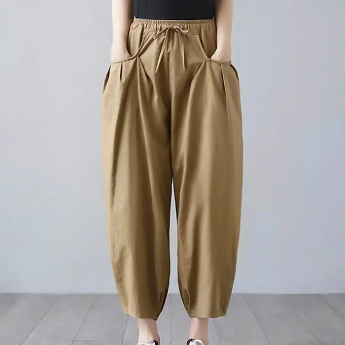 Buddha Stones Summer Plain Cropped Pants Women‘s Cotton Linen Harem Pants With Pockets