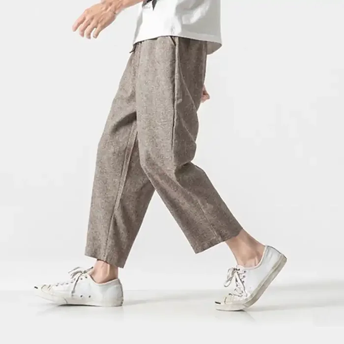 Buddha Stones Summer Plain Men‘s 7-8 Length Cotton Linen Pants With Pockets