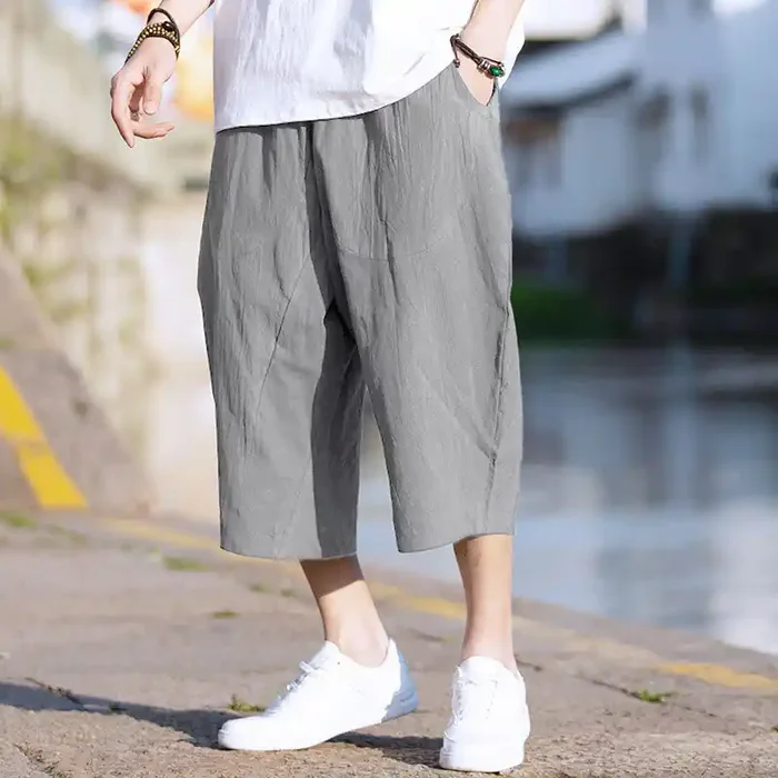 Buddha Stones Summer Plain Pleat Design Drawstring Men‘s 7-8 Length Cotton Linen Pants With Pockets