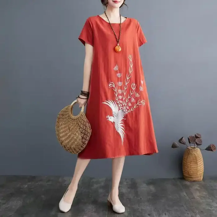 Buddha Stones Summer Printing Phoenix Pattern Short Sleeve Cotton Linen Midi Dress