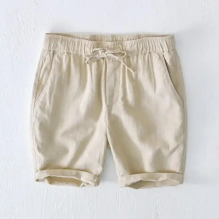 Buddha Stones Summer Solid Color Drawstring Elastic Waist Men‘s Cotton Linen Shorts With Pockets