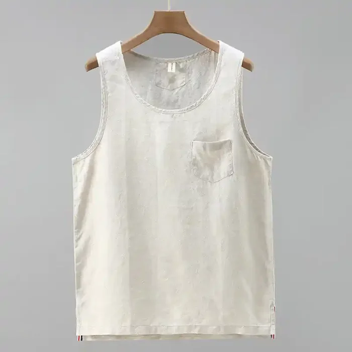 Buddha Stones Summer Solid Color Side Slit Design Sleeveless Men‘s Linen Vest