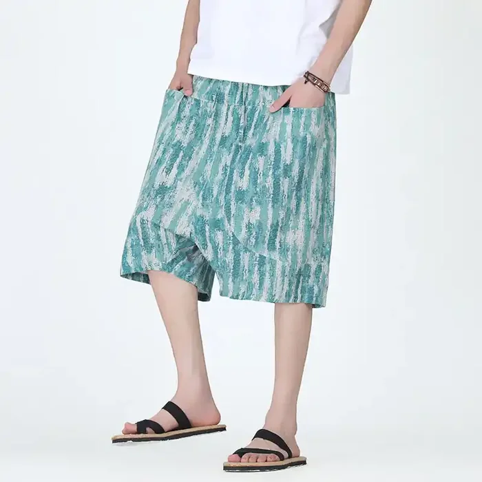 Buddha Stones Summer Stripes Cotton Linen Men‘s Capri Pants With Pockets