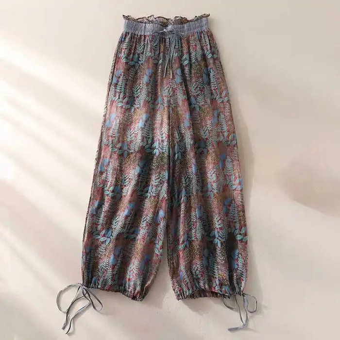 Buddha Stones Summer Women‘s Blue Leaves Plants Pants With Pockets