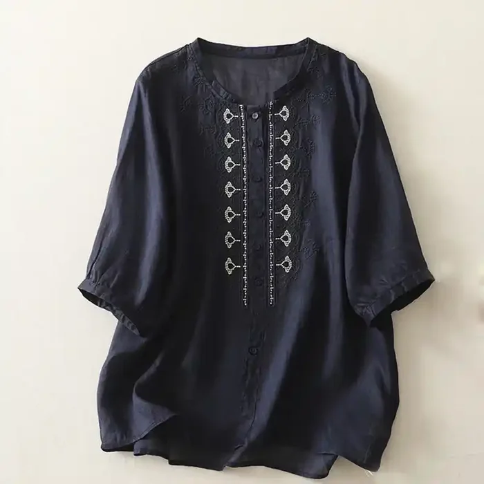 Buddha Stones Symmetrical Embroidery Cotton Linen Women‘s Half Sleeves Shirt