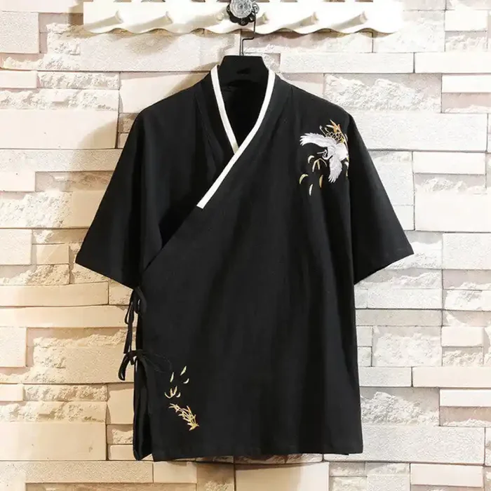 Buddha Stones Tang Suit Embroided Crane Pattern Lace-Up Side Men‘s Cotton Linen Short Sleeve T-Shirt