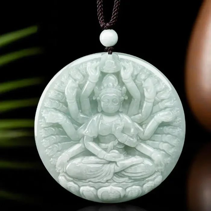 Buddha Stones Thousand-Hand Kwan Yin Avalokitesvara Jade Blessing String Necklace Pendant