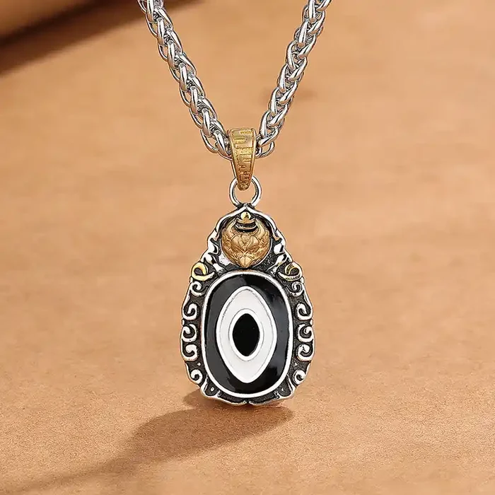 Buddha Stones Tibet Dzi Bead Garuda Pattern Copper Metal Wealth Necklace Pendant