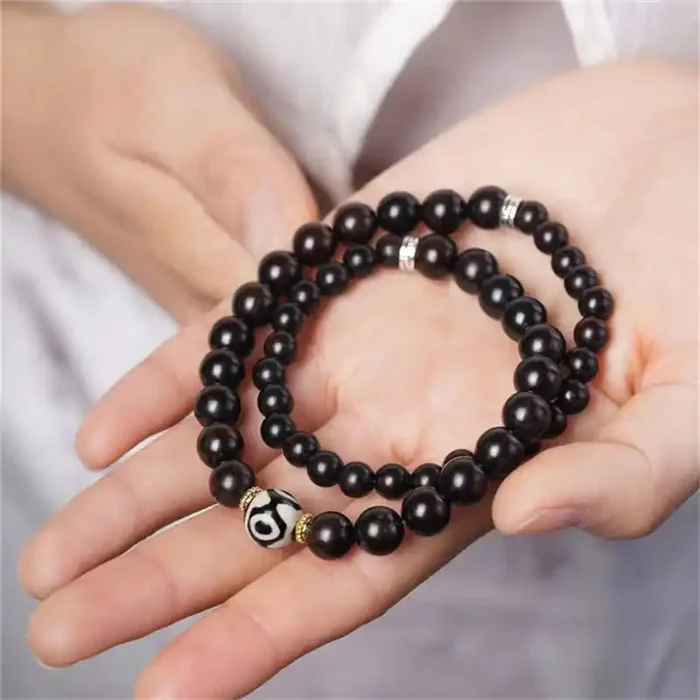 Buddha Stones Tibet Ebony Wood Dzi Bead Balance Double Wrap Bracelet