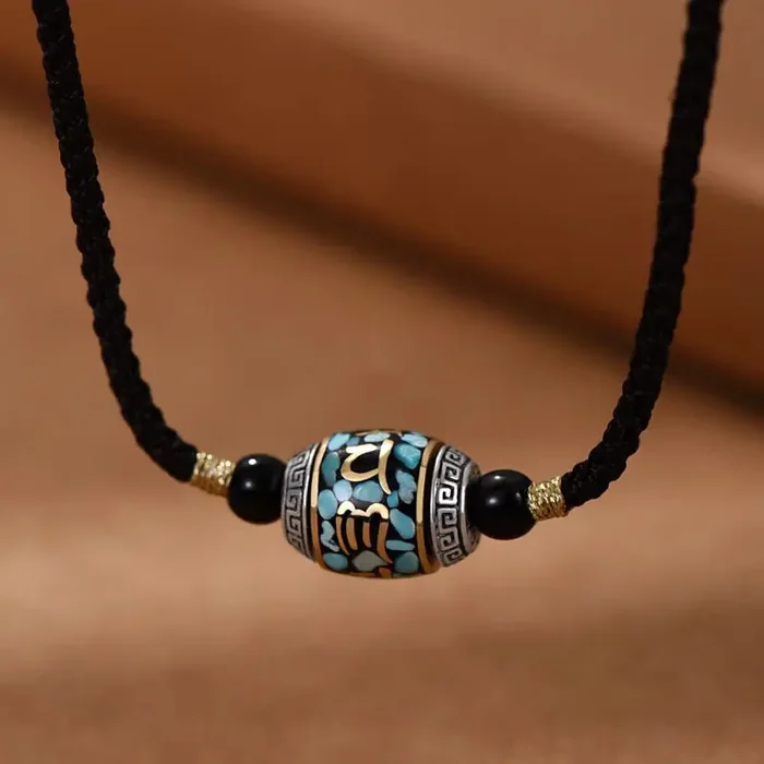 Buddha Stones Tibet Om Mani Padme Hum Dzi Bead Pattern Protection Rotatable Necklace Pendant