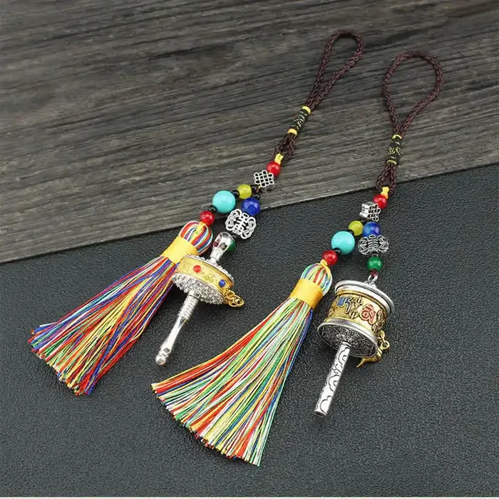 Buddha Stones Tibet Om Mani Padme Hum Prayer Wheel Tassel Bag Car Hanging Decoration