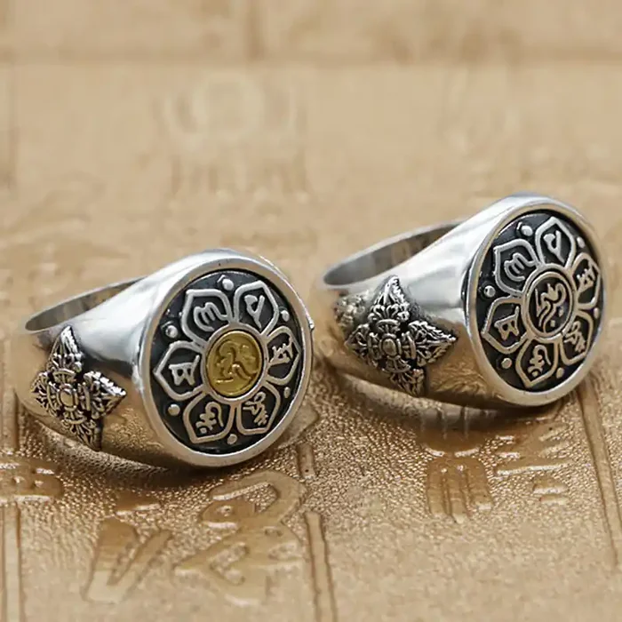 Buddha Stones Tibetan Om Mani Padme Hum Vajra Pattern Copper Focus Rotatable Ring