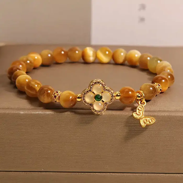 Buddha Stones Tiger Eye Four Leaf Clover Butterfly Protection Bracelet