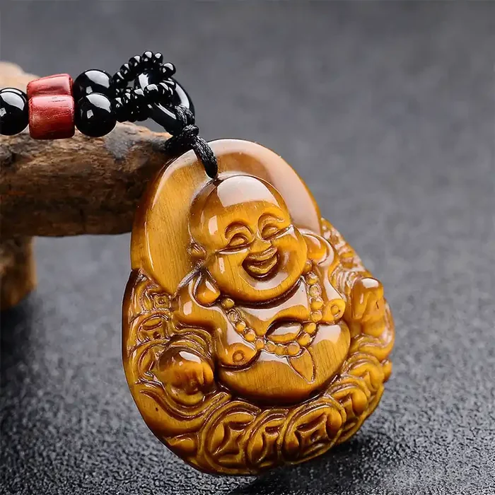 Buddha Stones Tiger‘s Eye Laughing Buddha Blessing Necklace