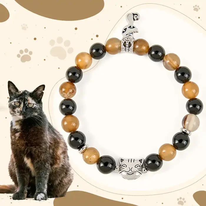 Buddha Stones Tortoiseshell Cat Light Brown Striped Agate Black Onyx Protection Bracelet