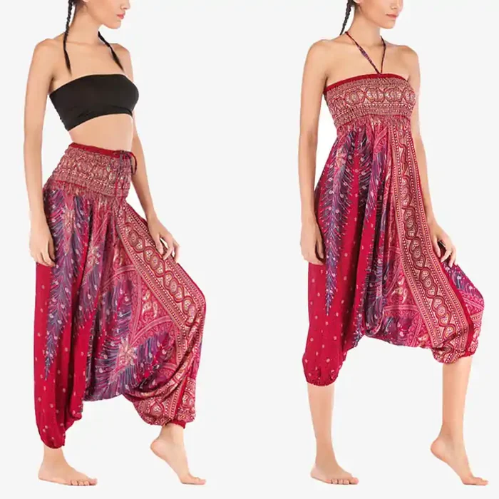 Buddha Stones Two Style Wear Feathers Geometric Pattern Loose Smocked Trousers Jumpsuit Women‘s Yoga Pants