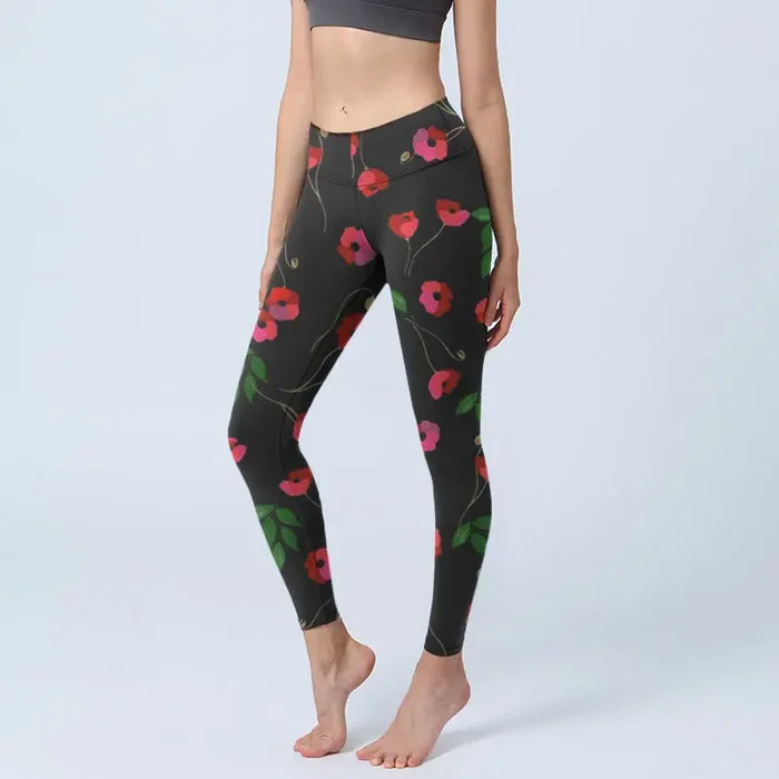 Buddha Stones Vibrant Red Flowers Green Leaves Print Gym Leggings Women‘s Yoga Pants