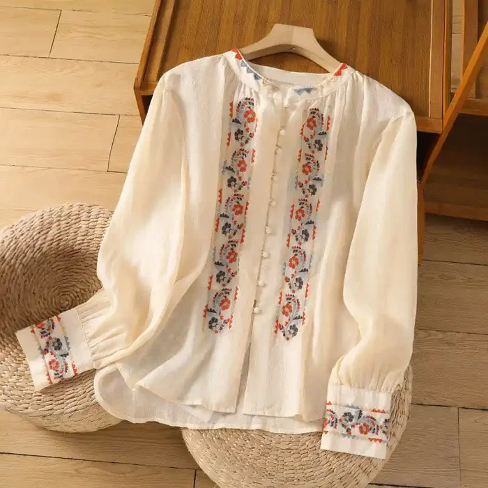 Buddha Stones Vintage Embroidery Single Row Multi-Button Placket Design Women‘s Cotton Linen Long Lantern Sleeve Shirt