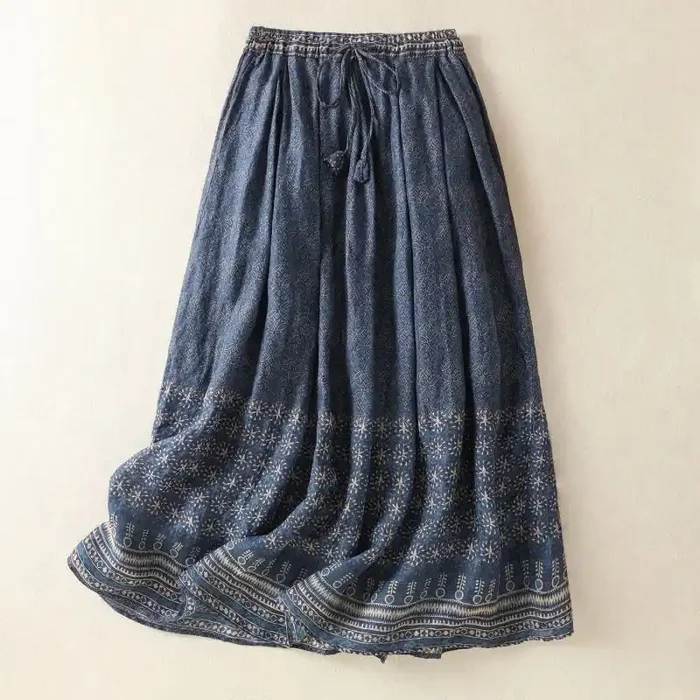 Buddha Stones Vintage Ethnic Floral Pattern Lined Drawstring Women‘s Skirt With Pockets