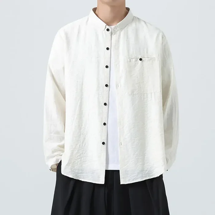 Buddha Stones Vintage Plain Buttons Down Stand Collar Long Sleeve Men‘s Cotton Shirt